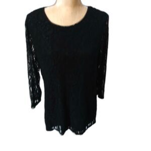 Araxa black lace pullover fits sz L polyester spandex tunic semi-sheer sleeves